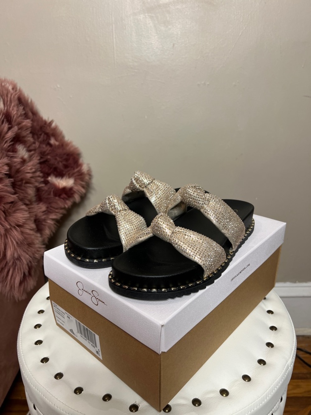 Jessica Simpson Gold Glitter Double-Band Slide Sandals